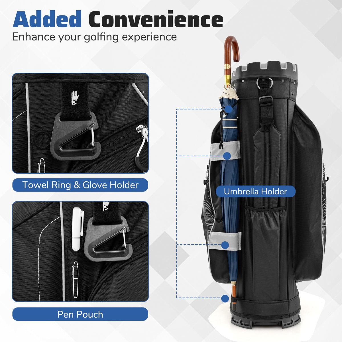 Golf Cart Bag with 14-Way Dividers & 11 Pockets - Gray, Molded Lock Top