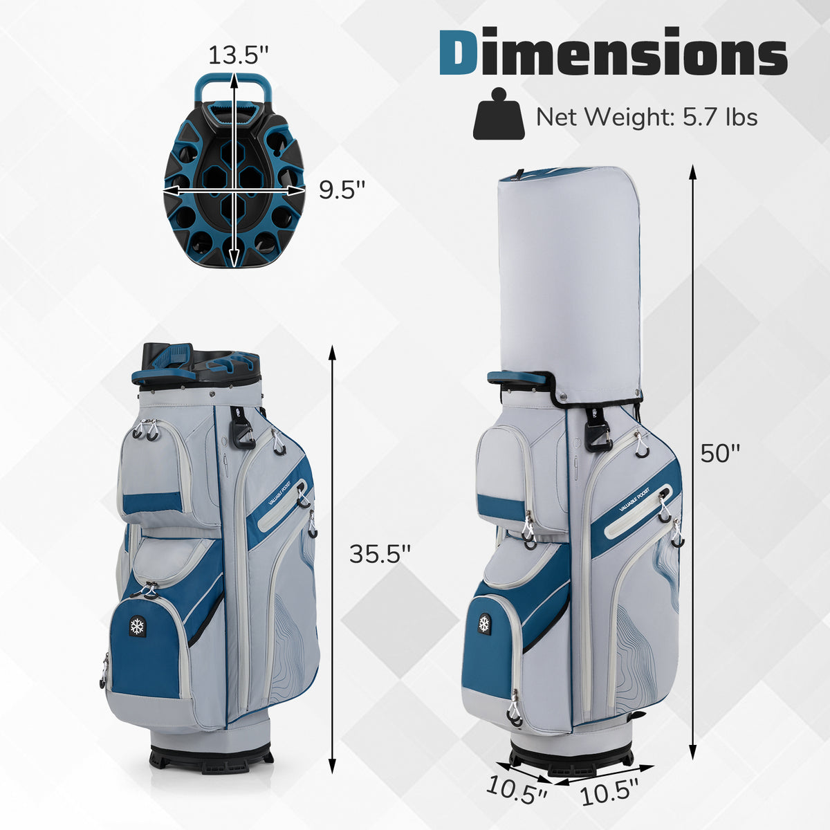 Golf Cart Bag with 14-Way Dividers & 11 Pockets - Navy, Molded Lock Top
