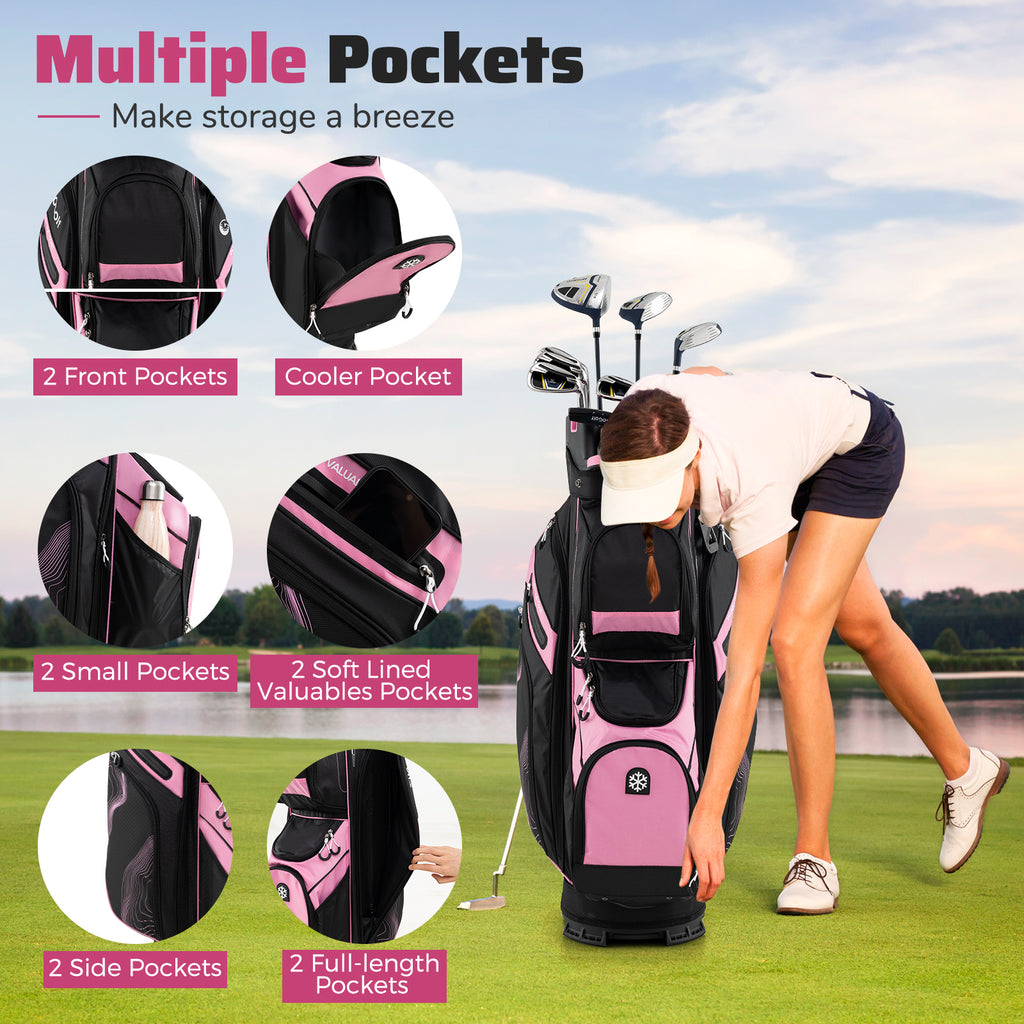 Golf Cart Bag with 14 Full-Length Dividers & 11 Pockets - Pink, Molded Lock Top