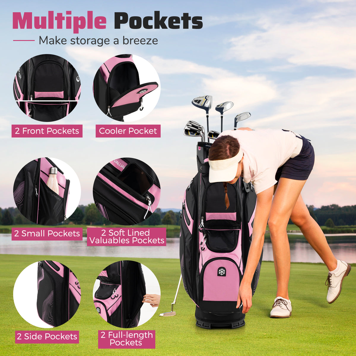Golf Cart Bag with 14 Full-Length Dividers & 11 Pockets - Pink, Molded Lock Top