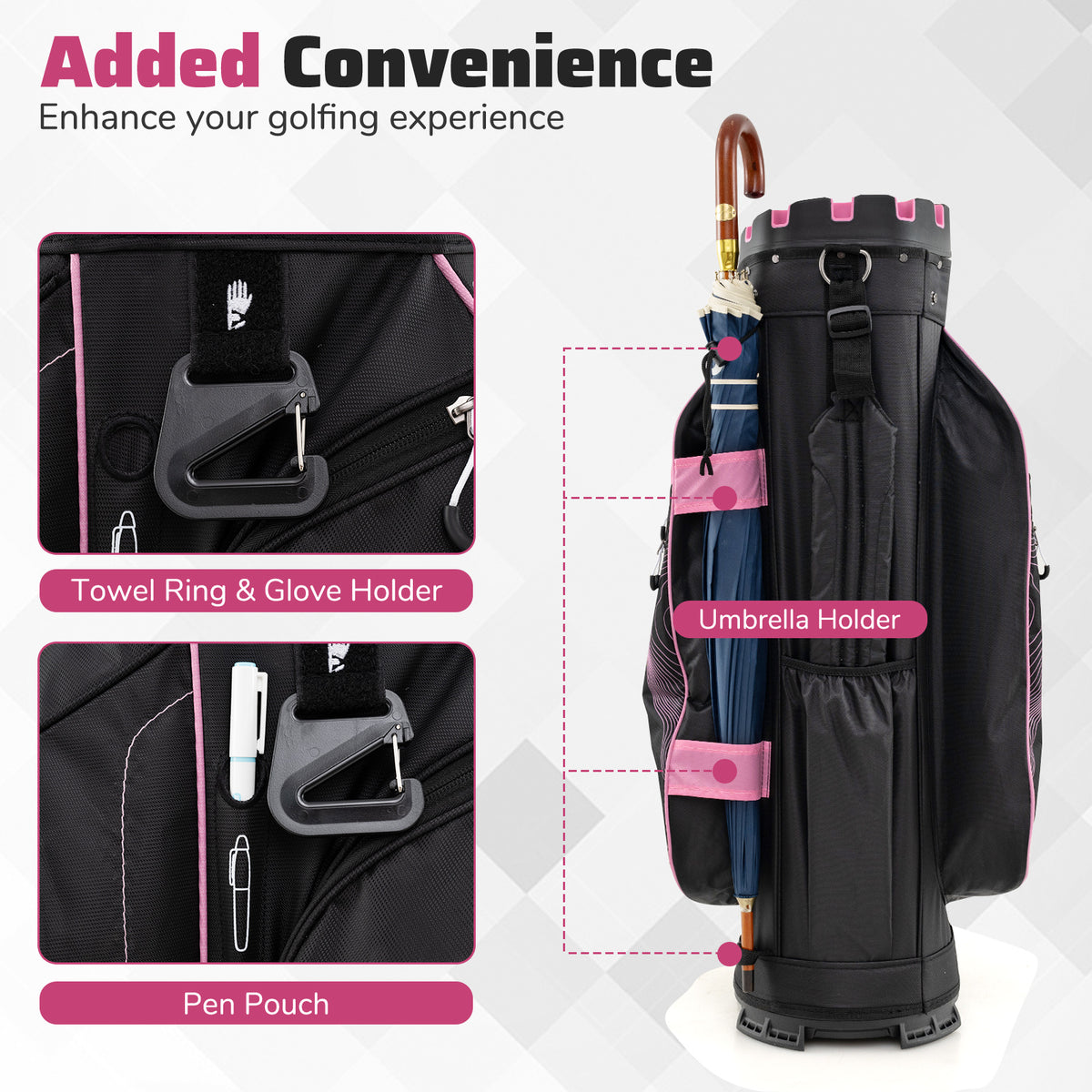 Golf Cart Bag with 14 Full-Length Dividers & 11 Pockets - Pink, Molded Lock Top