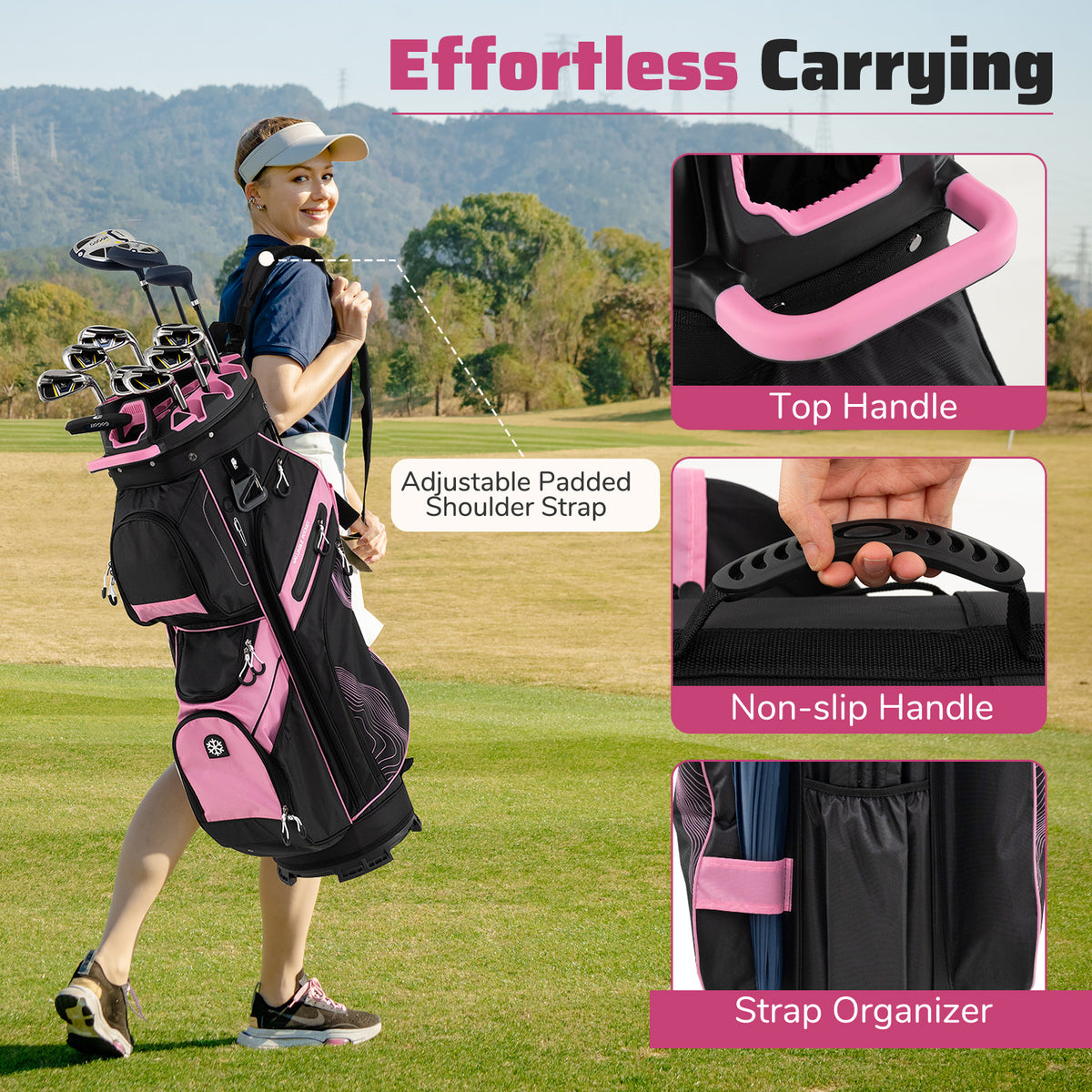 Golf Cart Bag with 14 Full-Length Dividers & 11 Pockets - Pink, Molded Lock Top