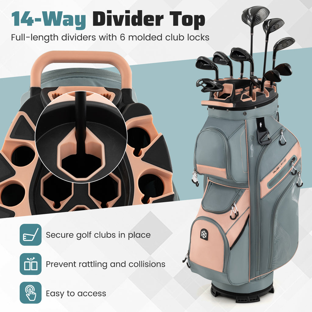 Golf Cart Bag with 14-Way Dividers & 11 Pockets - Orange, Molded Lock Top