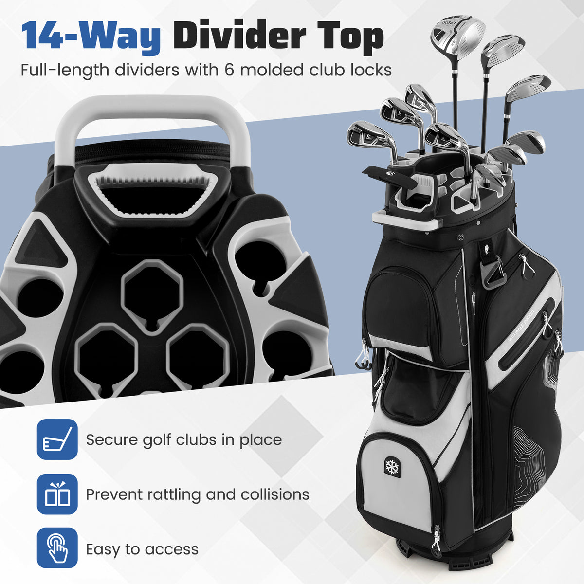 Golf Cart Bag with 14-Way Dividers & 11 Pockets - Gray, Molded Lock Top
