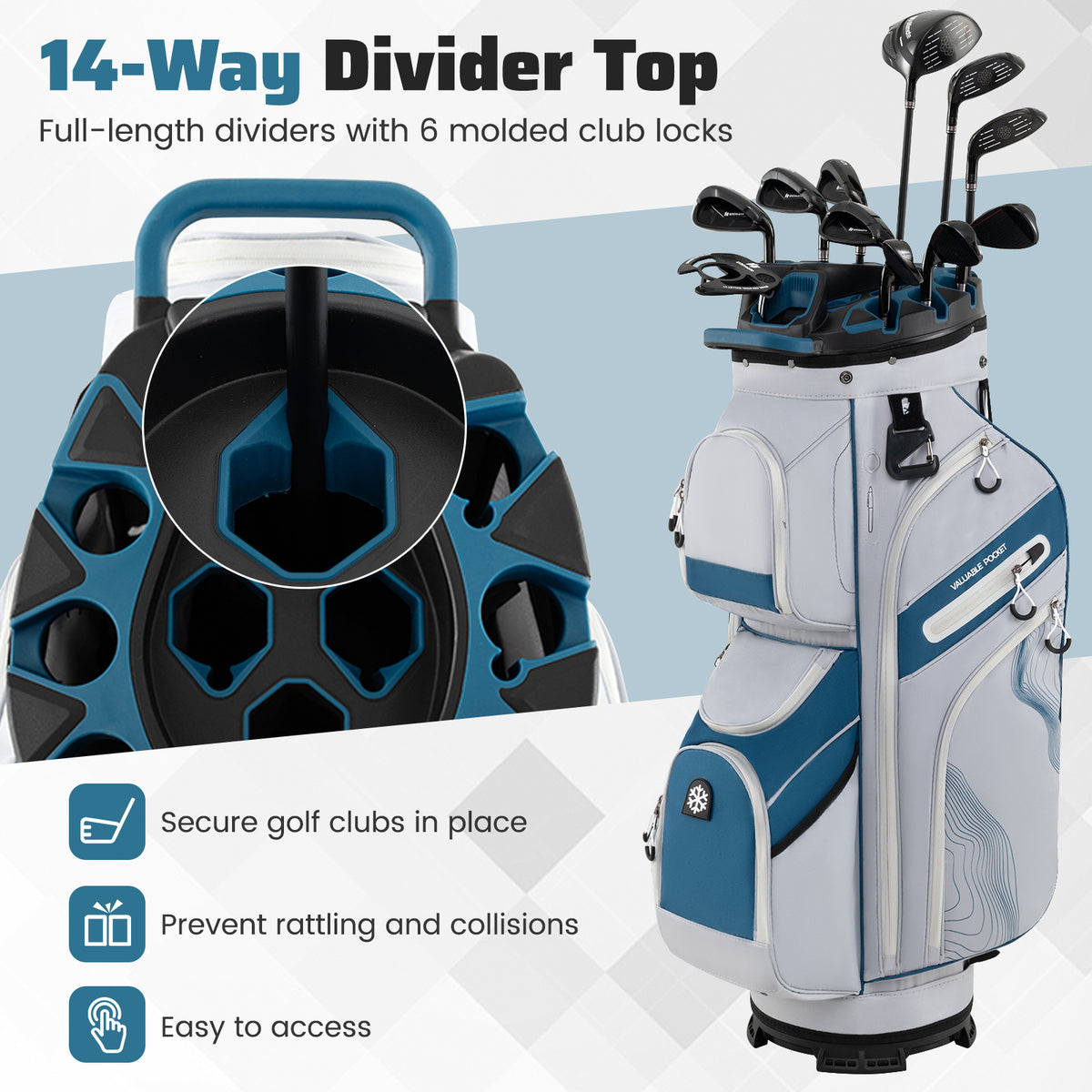 Golf Cart Bag with 14-Way Dividers & 11 Pockets - Navy, Molded Lock Top