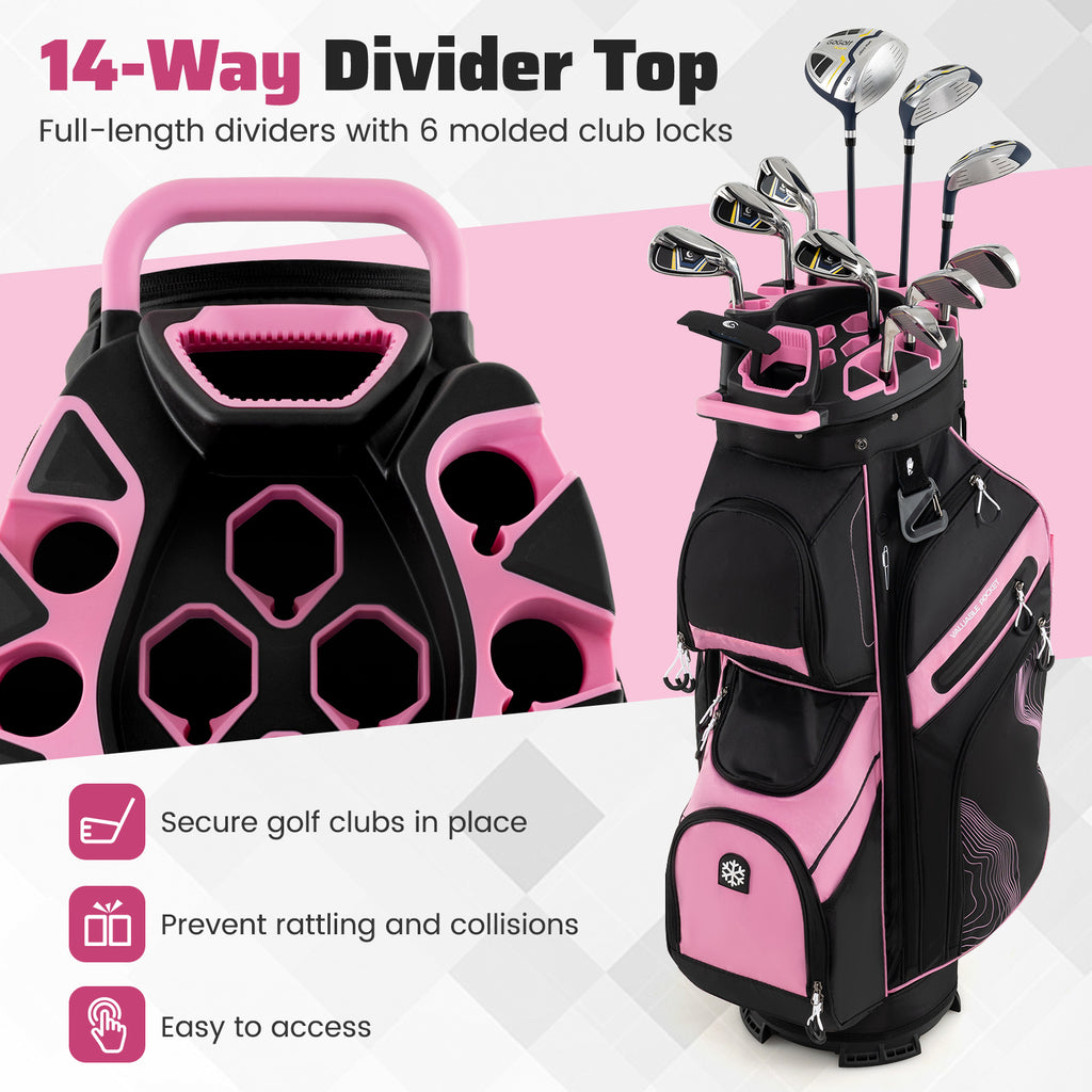 Golf Cart Bag with 14 Full-Length Dividers & 11 Pockets - Pink, Molded Lock Top