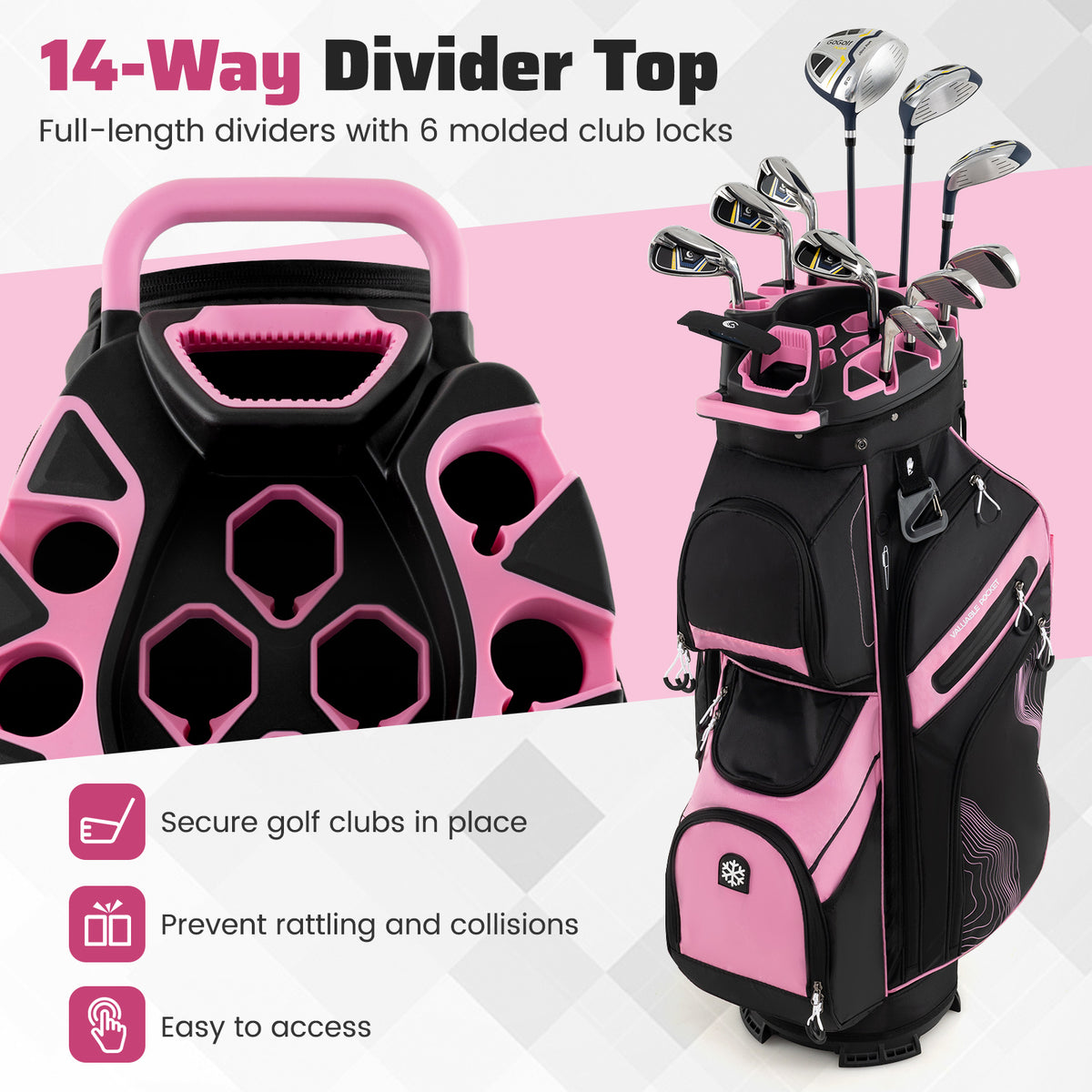 Golf Cart Bag with 14 Full-Length Dividers & 11 Pockets - Pink, Molded Lock Top