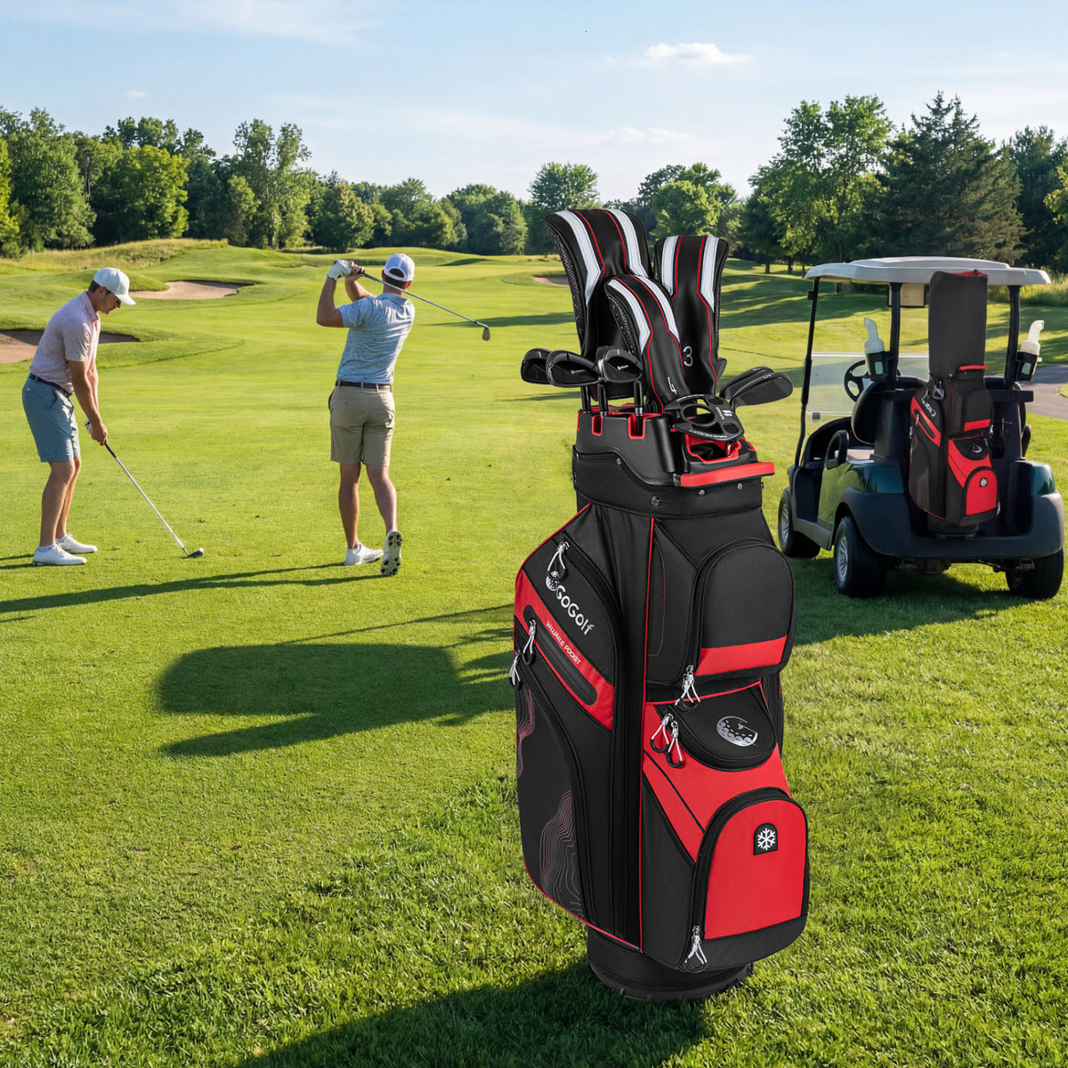 Golf Cart Bag with 14-Way Dividers & 11 Pockets - Red, Molded Lock Top