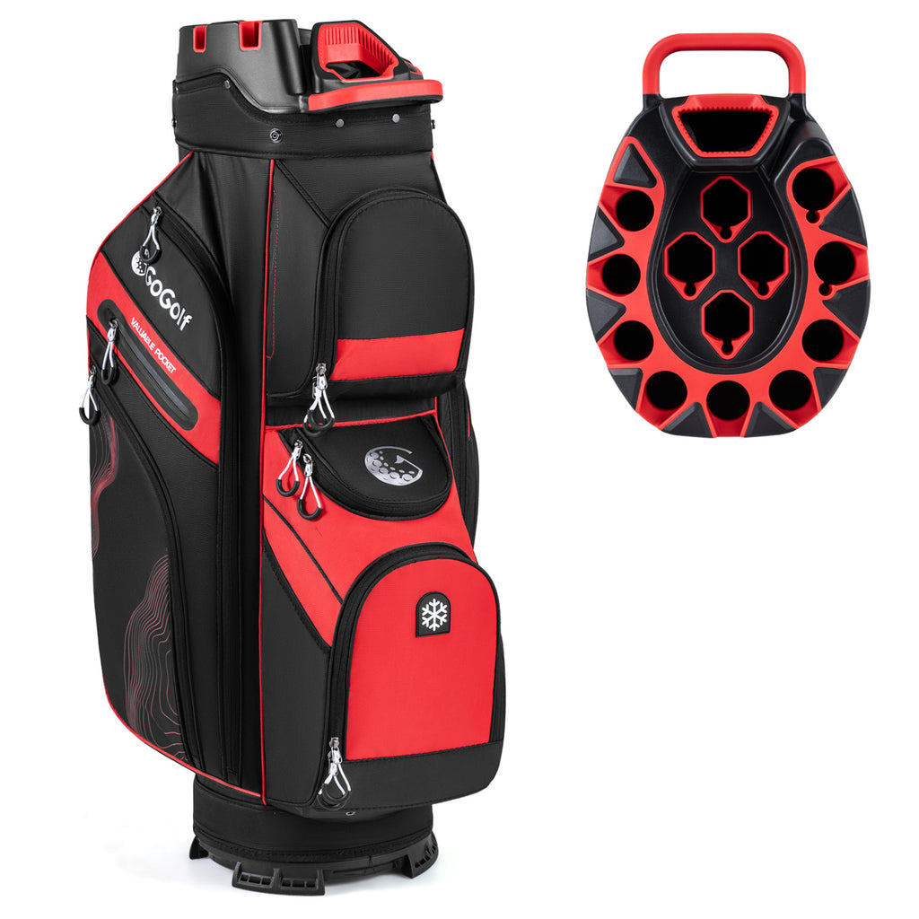 Golf Cart Bag with 14-Way Dividers & 11 Pockets - Red, Molded Lock Top