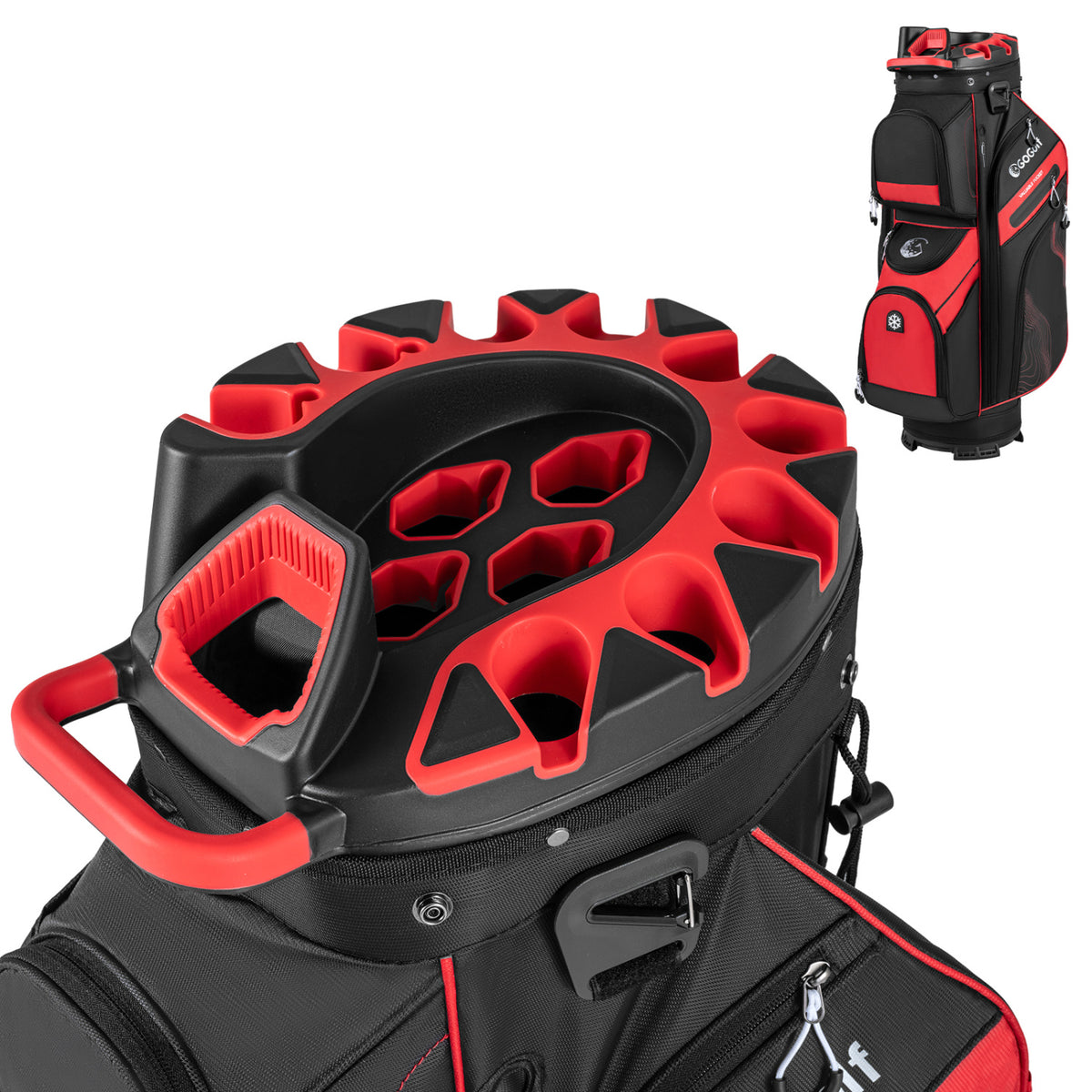 Golf Cart Bag with 14-Way Dividers & 11 Pockets - Red, Molded Lock Top