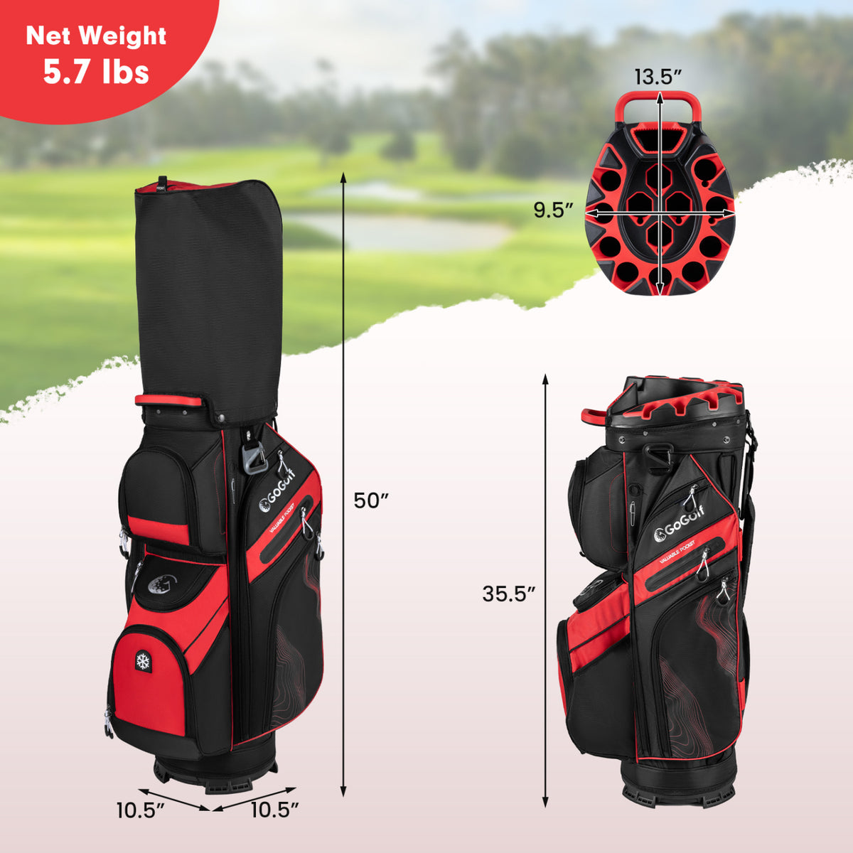 Golf Cart Bag with 14-Way Dividers & 11 Pockets - Red, Molded Lock Top
