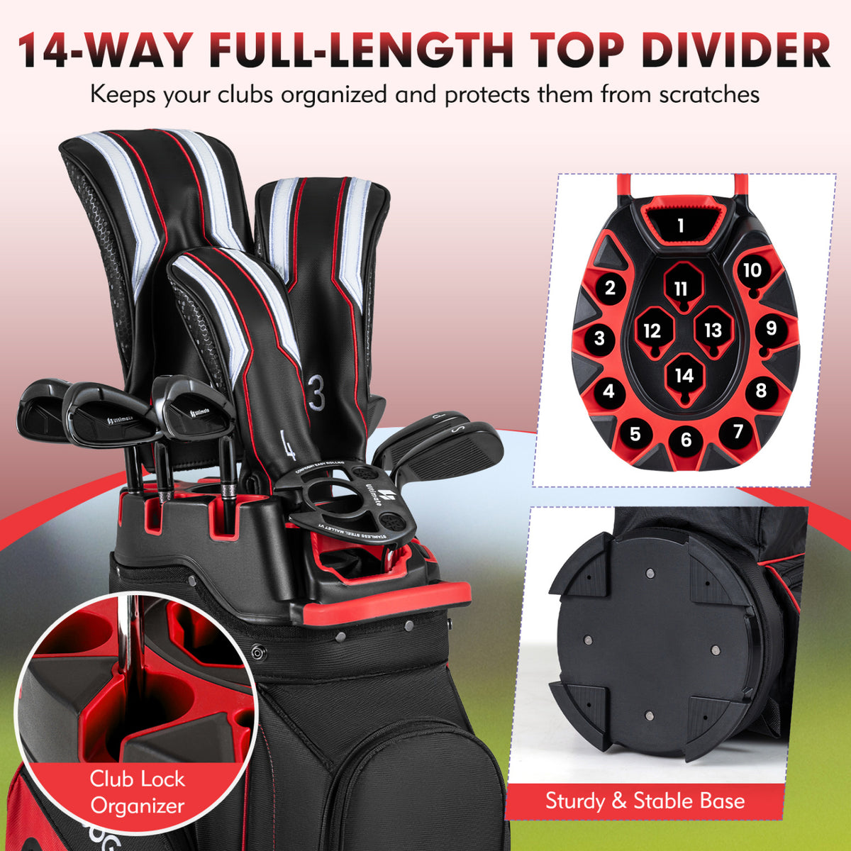 Golf Cart Bag with 14-Way Dividers & 11 Pockets - Red, Molded Lock Top