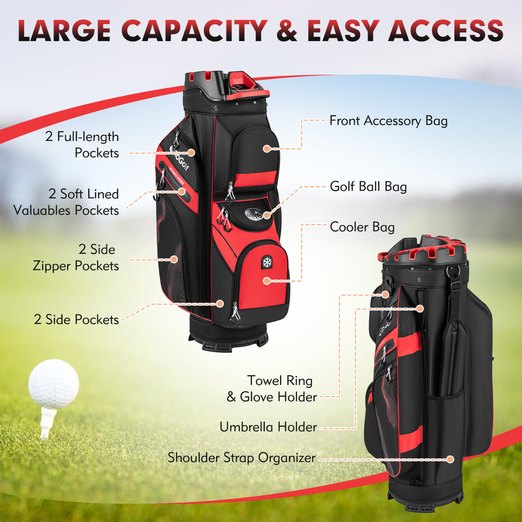 Golf Cart Bag with 14-Way Dividers & 11 Pockets - Red, Molded Lock Top