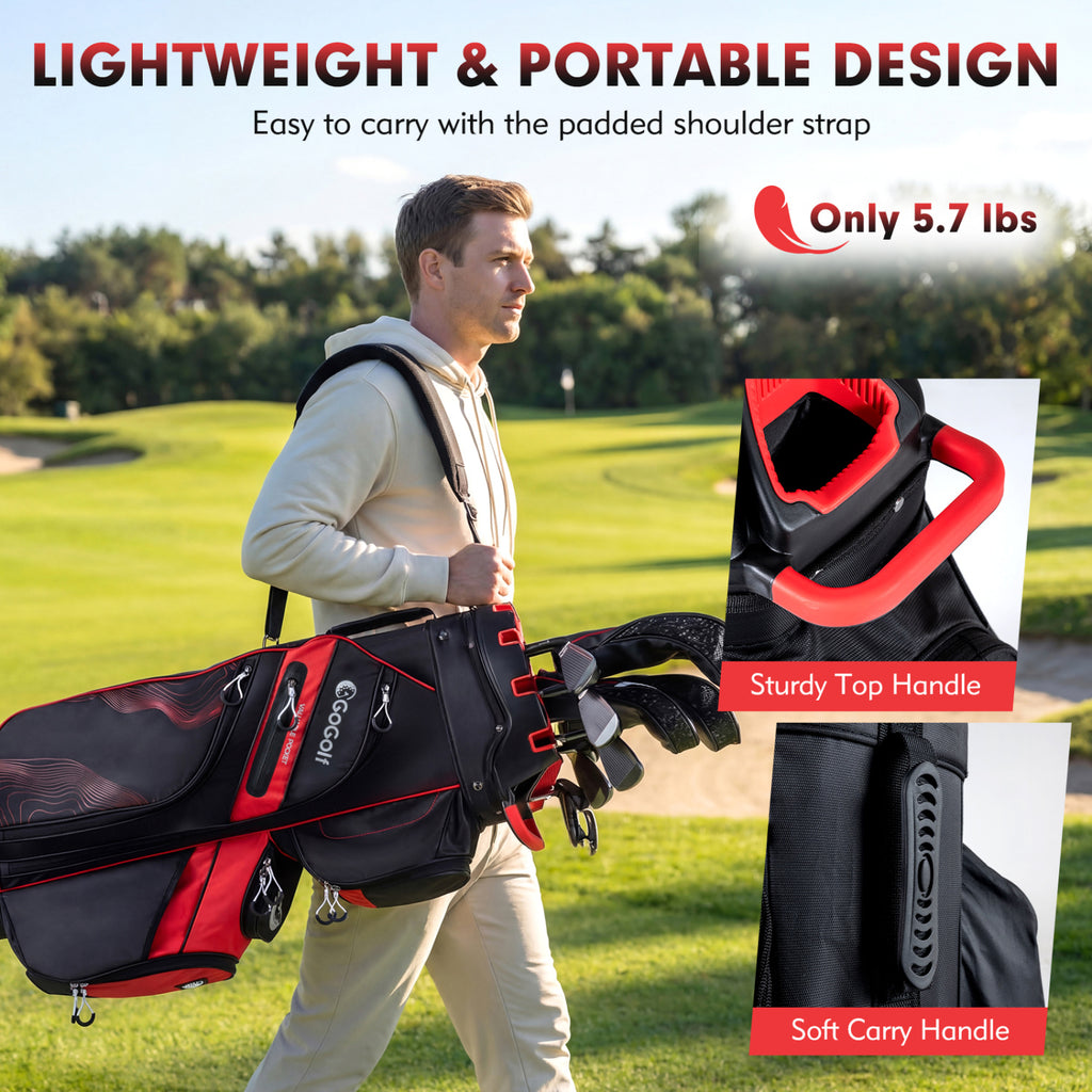 Golf Cart Bag with 14-Way Dividers & 11 Pockets - Red, Molded Lock Top