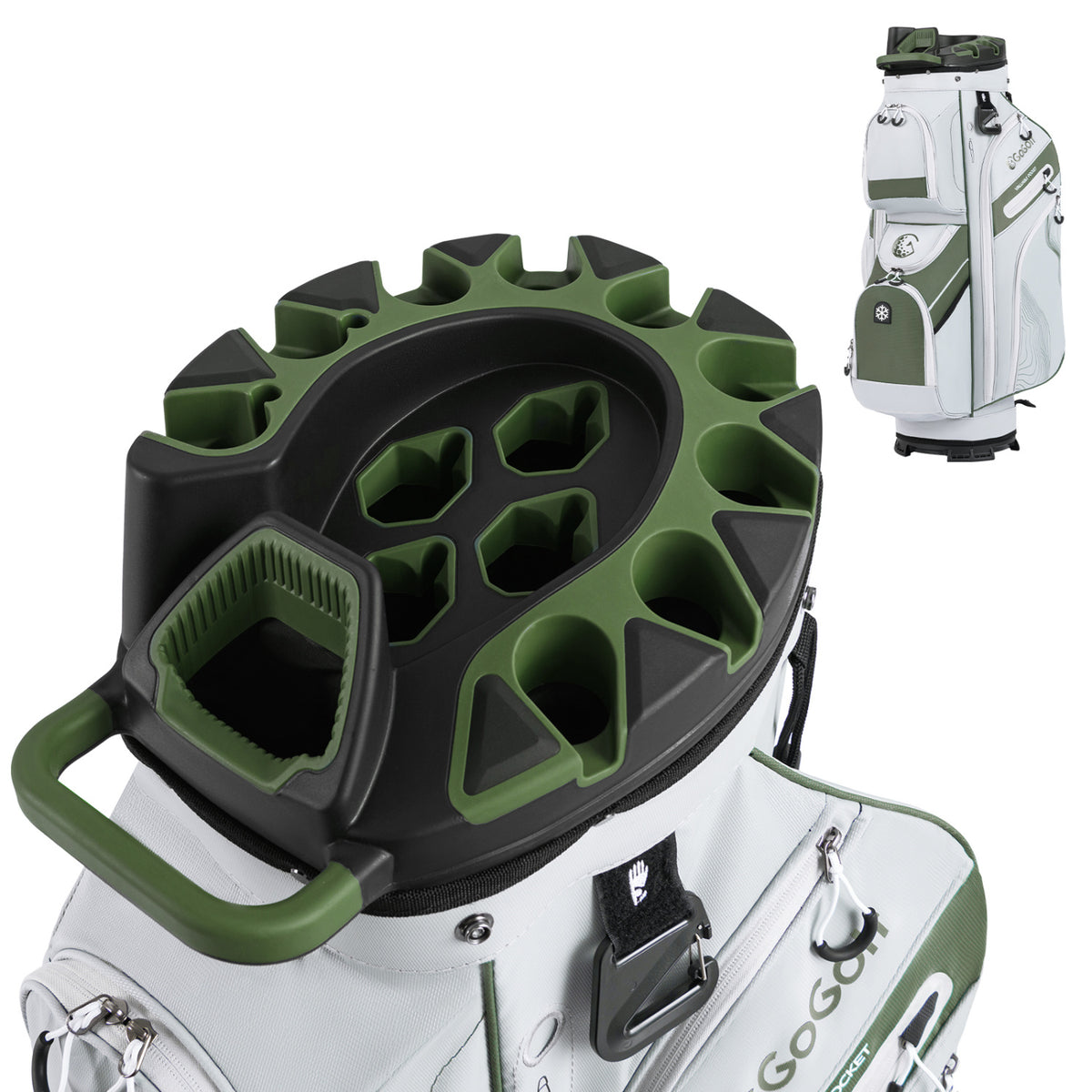 Golf Cart Bag with 14-Way Full Length Dividers and 11 Pockets - Green, Molded Lock Top