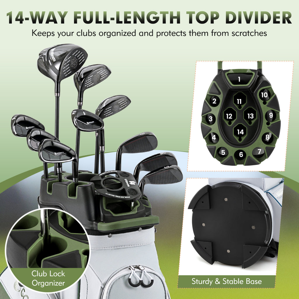 Golf Cart Bag with 14-Way Full Length Dividers and 11 Pockets - Green, Molded Lock Top
