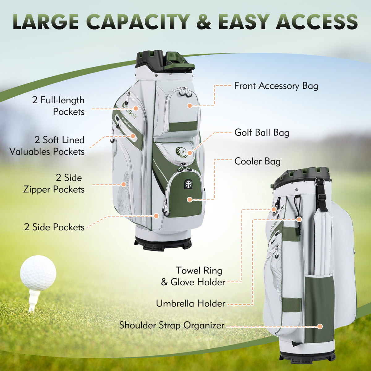 Golf Cart Bag with 14-Way Full Length Dividers and 11 Pockets - Green, Molded Lock Top