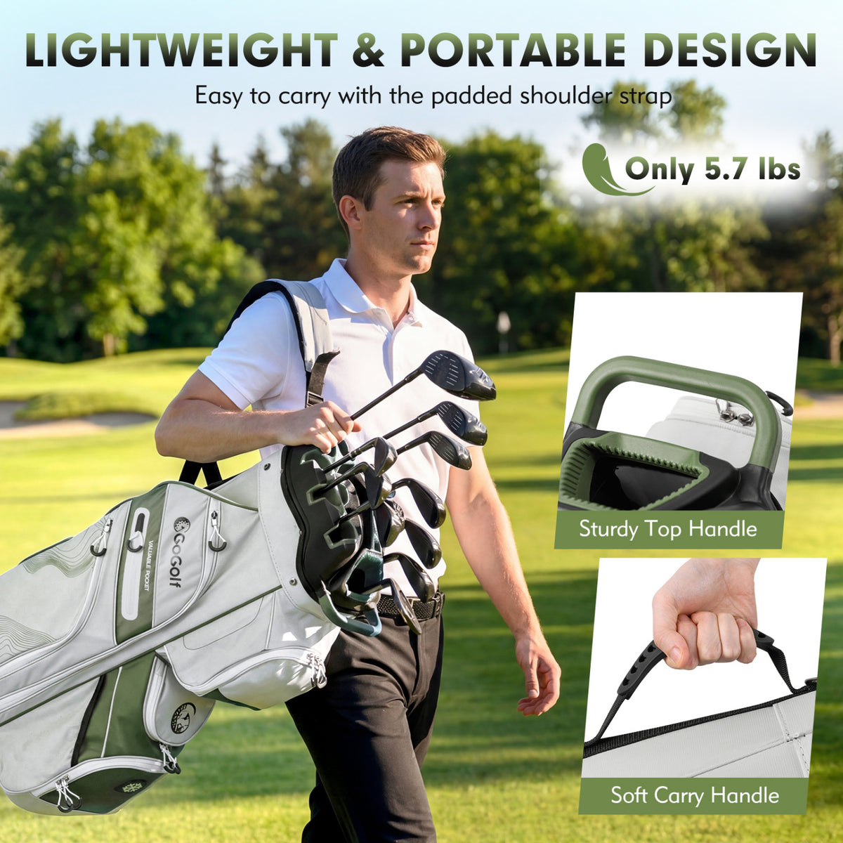 Golf Cart Bag with 14-Way Full Length Dividers and 11 Pockets - Green, Molded Lock Top