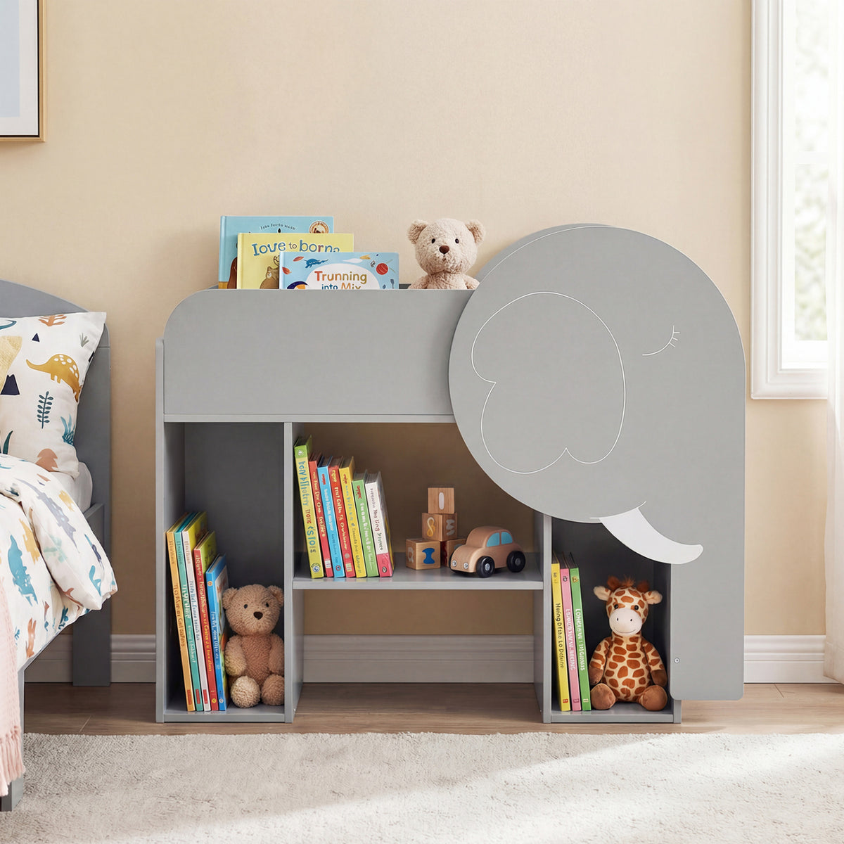 Elephant Shape Montessori Bookshelf with 3-Tier Toddler Toy Storage - Gray Variation