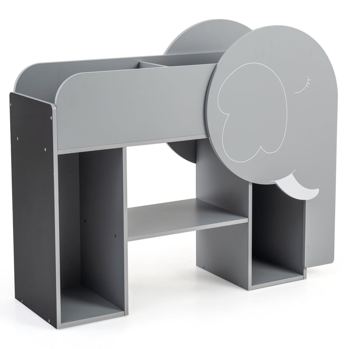 Elephant Shape Montessori Bookshelf with 3-Tier Toddler Toy Storage - Gray Variation
