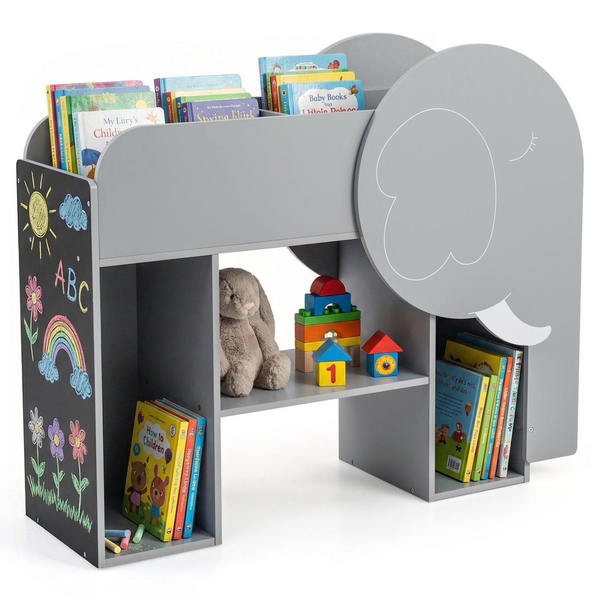 Elephant Shape Montessori Bookshelf with 3-Tier Toddler Toy Storage - Gray Variation