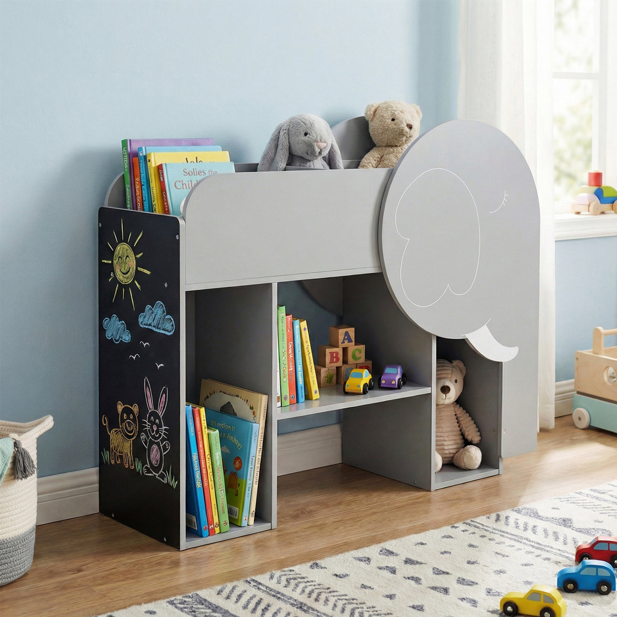 Elephant Shape Montessori Bookshelf with 3-Tier Toddler Toy Storage - Gray Variation