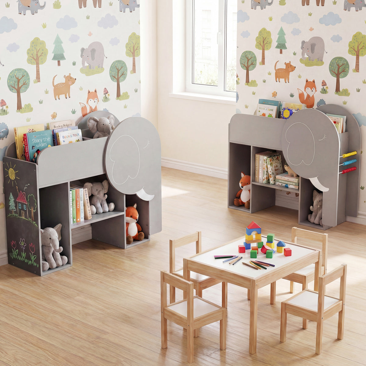 Elephant Shape Montessori Bookshelf with 3-Tier Toddler Toy Storage - Gray Variation