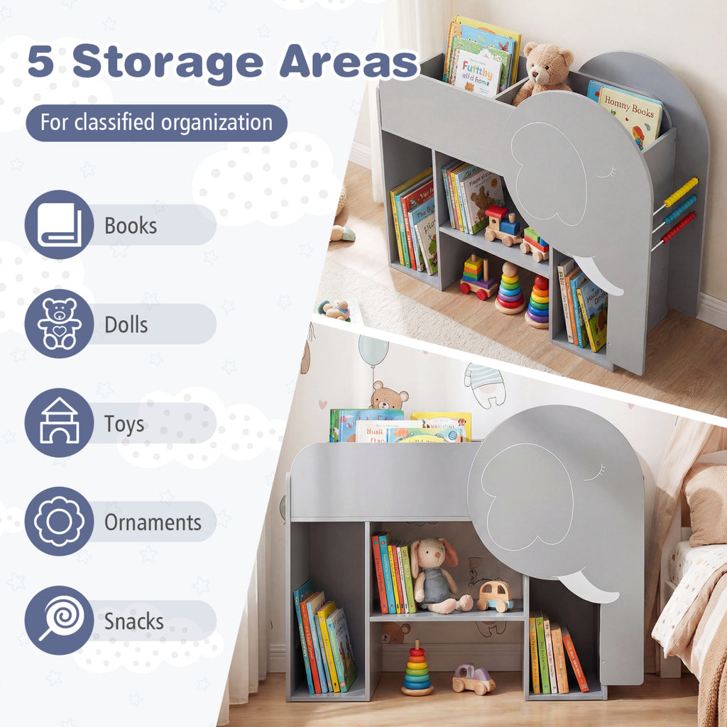 Elephant Shape Montessori Bookshelf with 3-Tier Toddler Toy Storage - Gray Variation