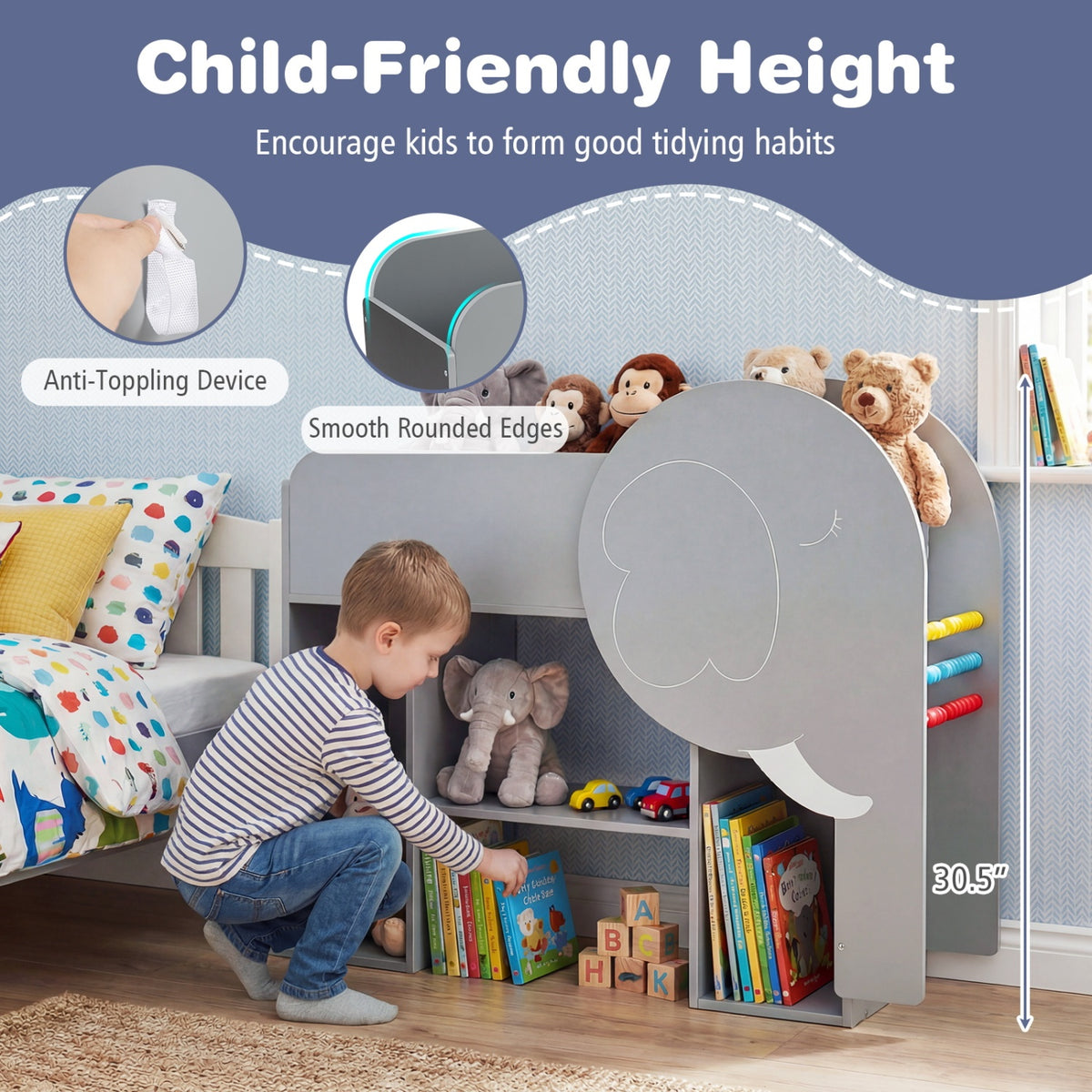 Elephant Shape Montessori Bookshelf with 3-Tier Toddler Toy Storage - Gray Variation