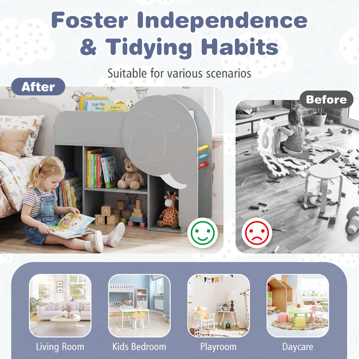 Elephant Shape Montessori Bookshelf with 3-Tier Toddler Toy Storage - Gray Variation