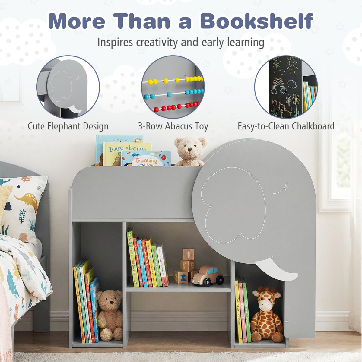 Elephant Shape Montessori Bookshelf with 3-Tier Toddler Toy Storage - Gray Variation