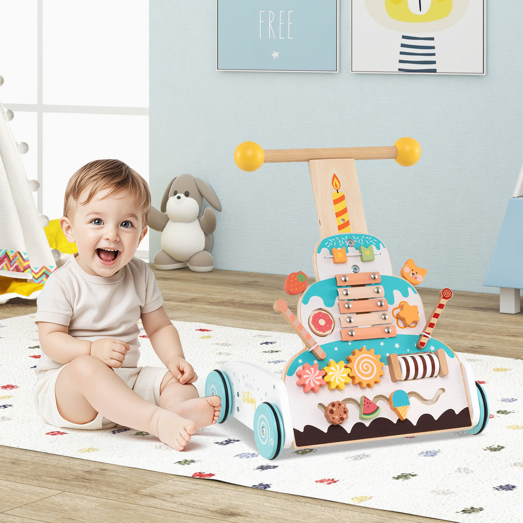 Wooden Baby Walker with Adjustable Heights & Smooth Wheels - White Variation
