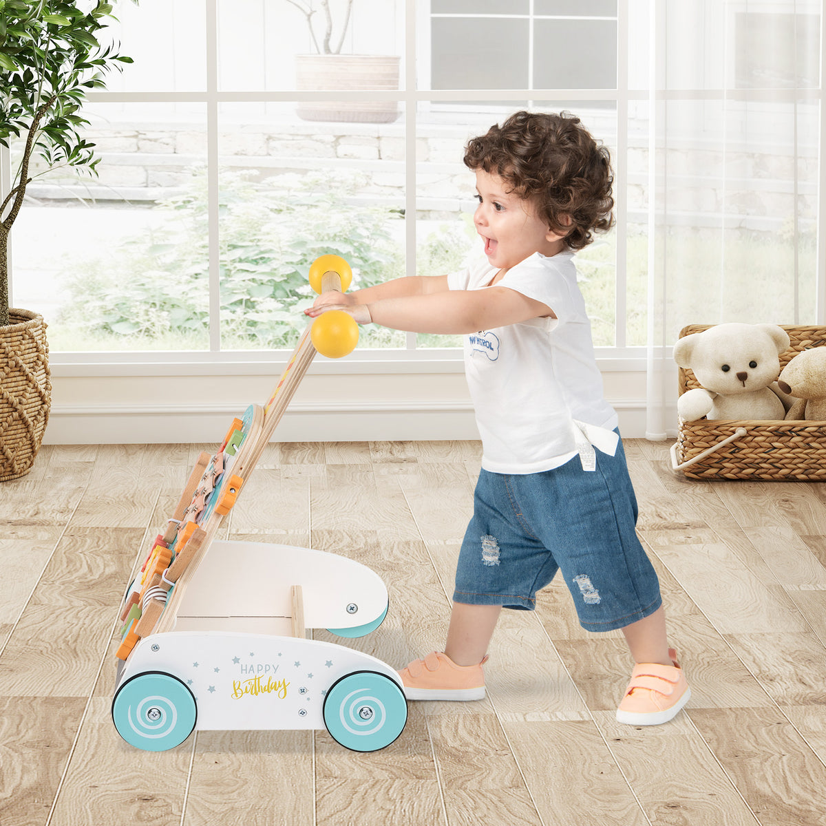 Wooden Baby Walker with Adjustable Heights & Smooth Wheels - White Variation