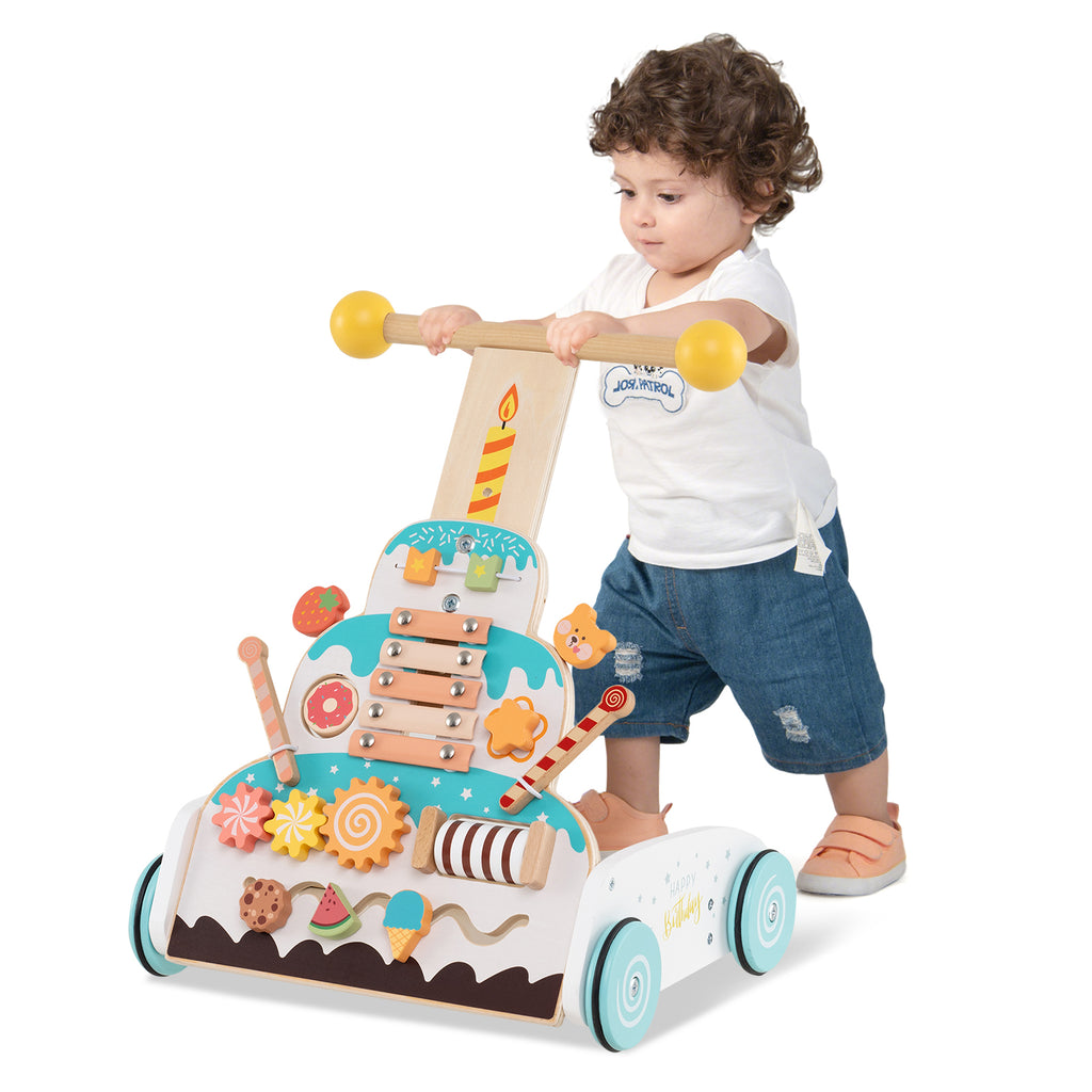 Wooden Baby Walker with Adjustable Heights & Smooth Wheels - White Variation