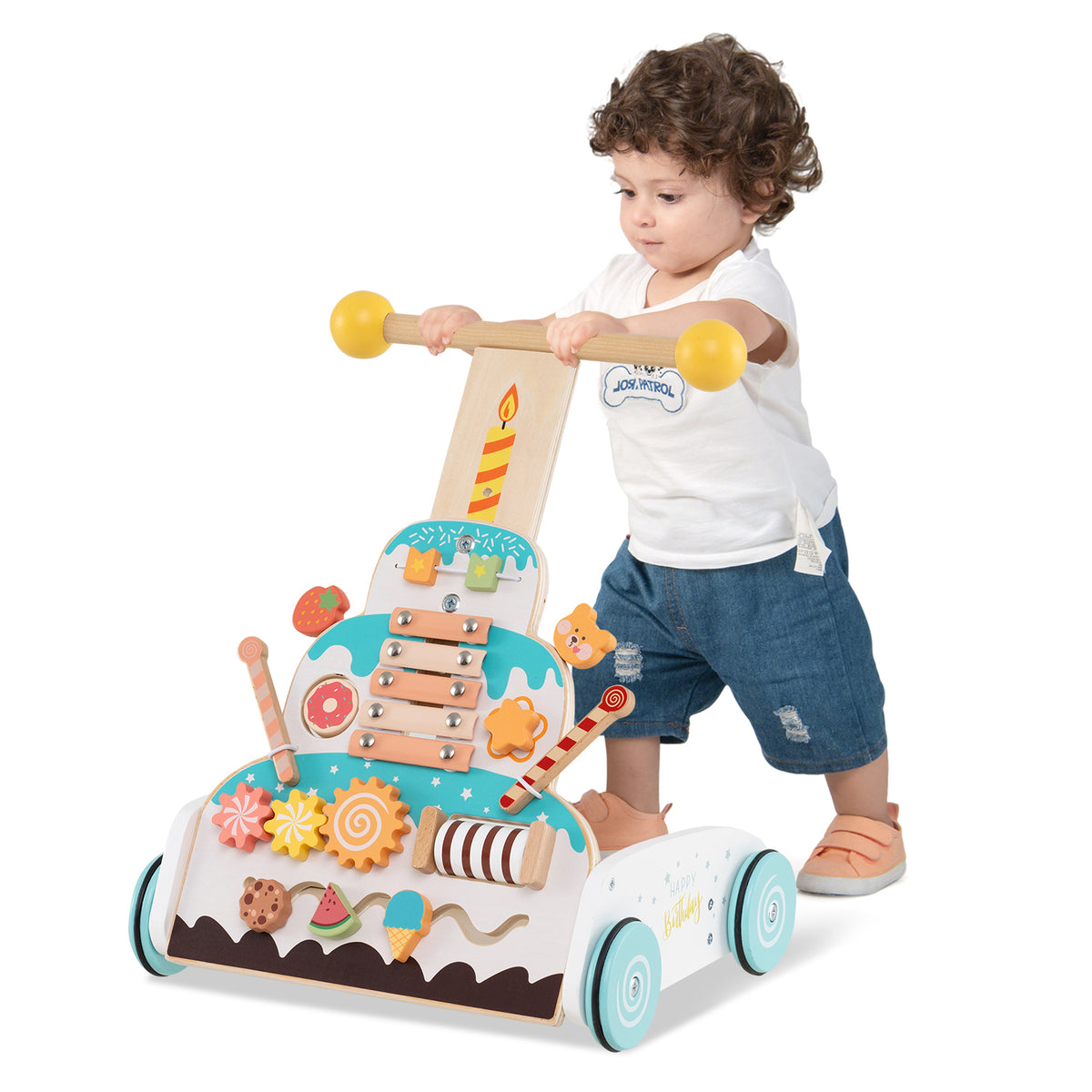 Wooden Baby Walker with Adjustable Heights & Smooth Wheels - White Variation