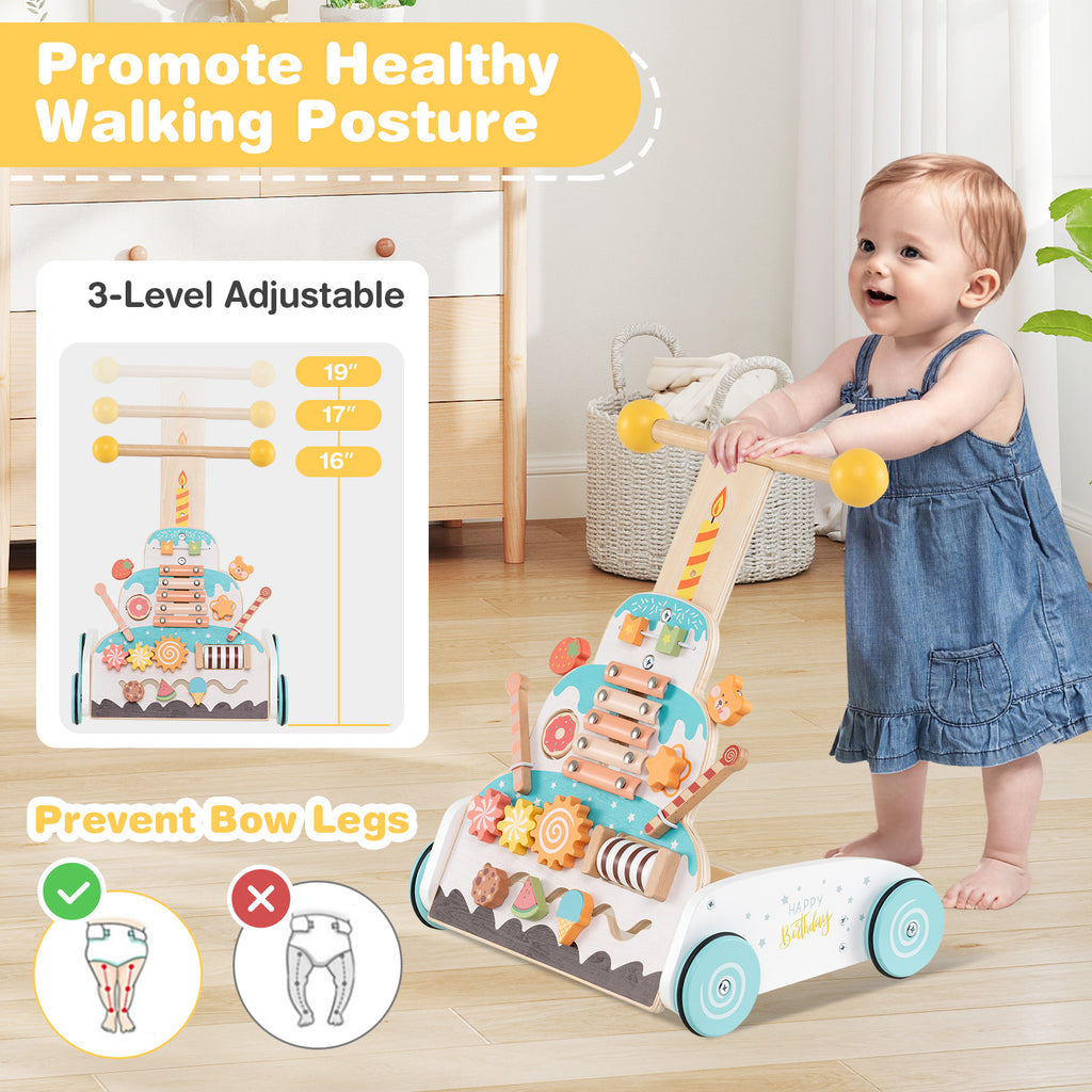 Wooden Baby Walker with Adjustable Heights & Smooth Wheels - White Variation