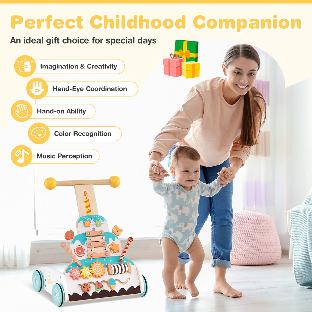 Wooden Baby Walker with Adjustable Heights & Smooth Wheels - White Variation