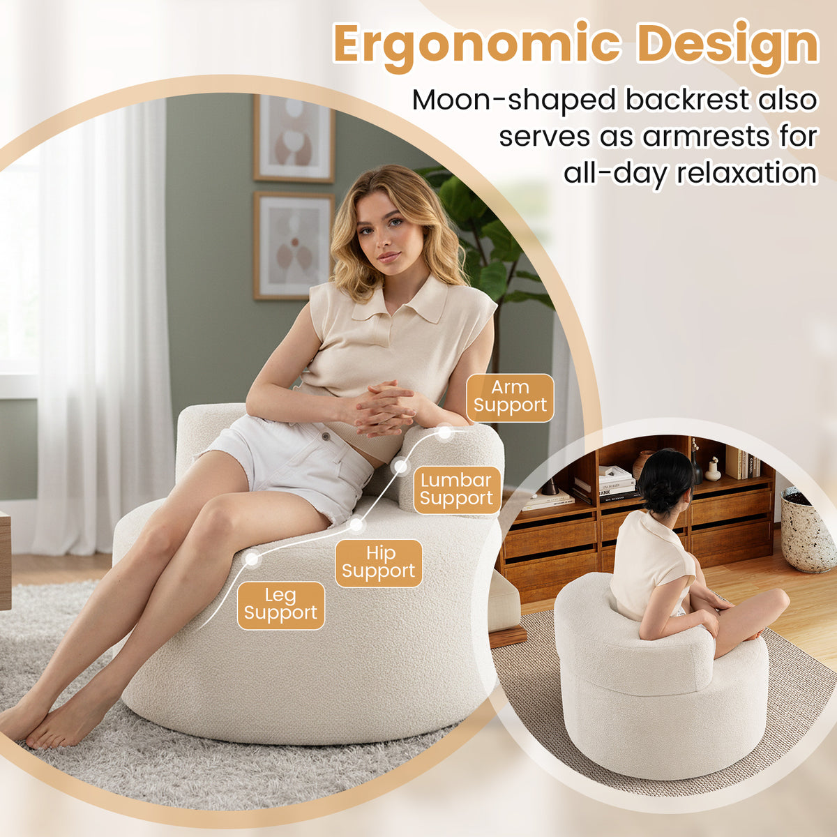 Moon-Shaped Floor Sofa Chair with Teddy Fleece - Beige