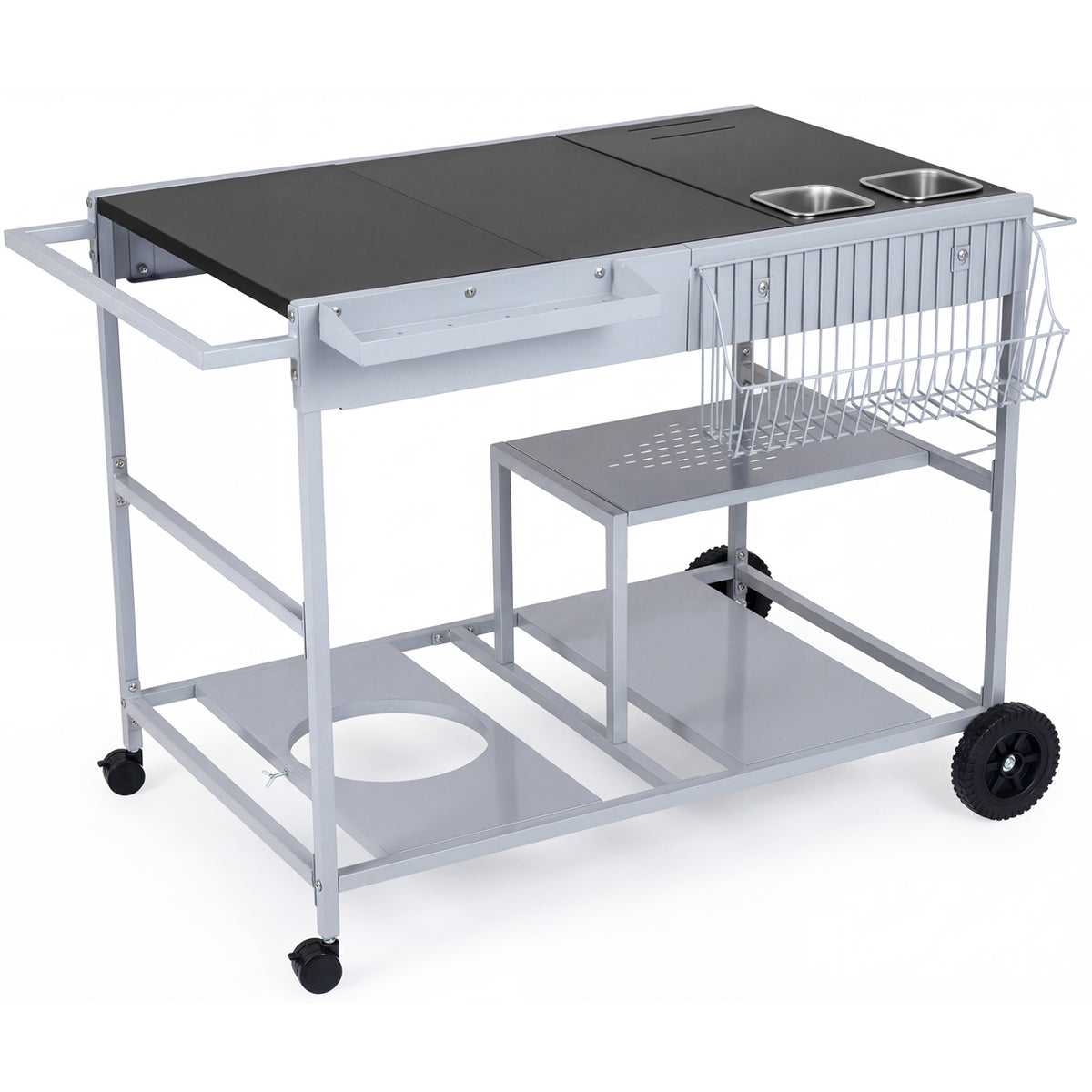 Movable Grill Table with 2 Condiment Caddies & 2-Tier Shelf - Black