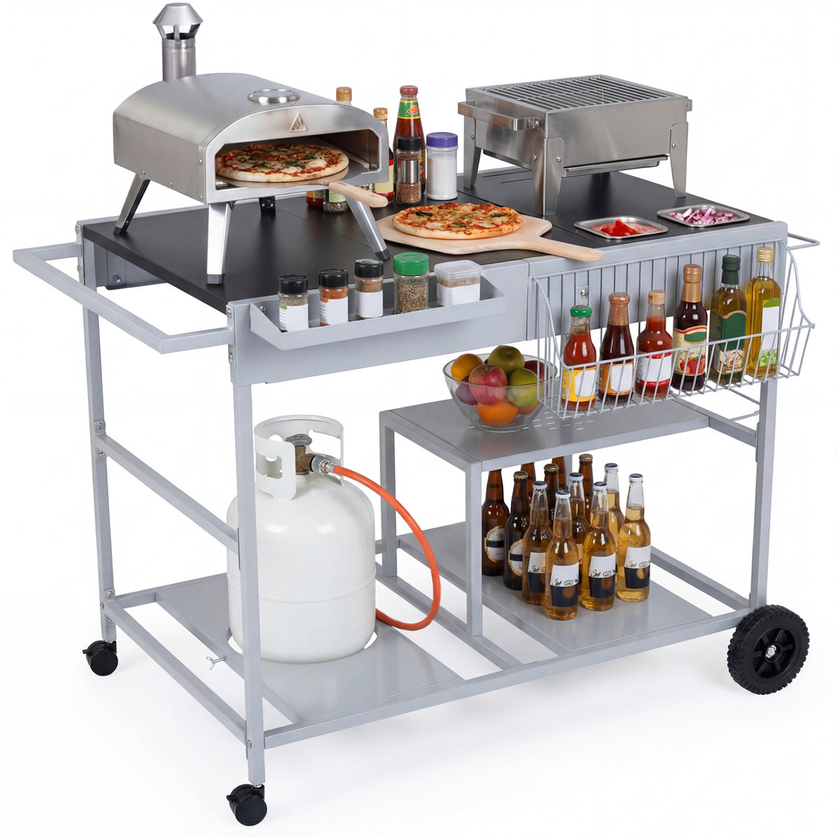 Movable Grill Table with 2 Condiment Caddies & 2-Tier Shelf - Black
