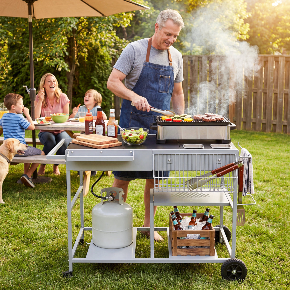 Movable Grill Table with 2 Condiment Caddies & 2-Tier Shelf - Black