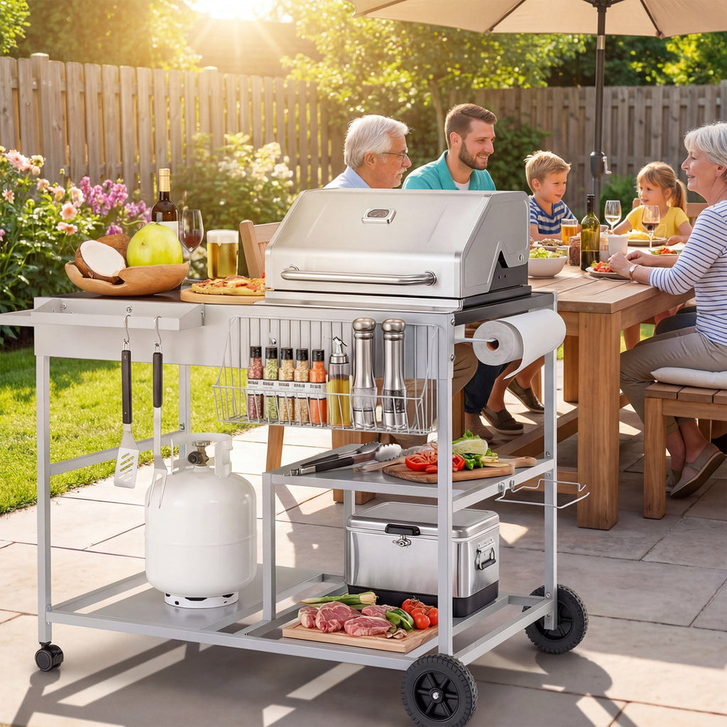 Movable Grill Table with 2 Condiment Caddies & 2-Tier Shelf - Black