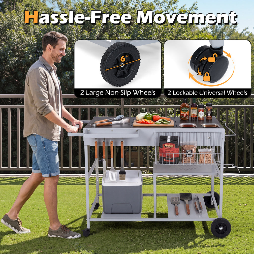 Movable Grill Table with 2 Condiment Caddies & 2-Tier Shelf - Black