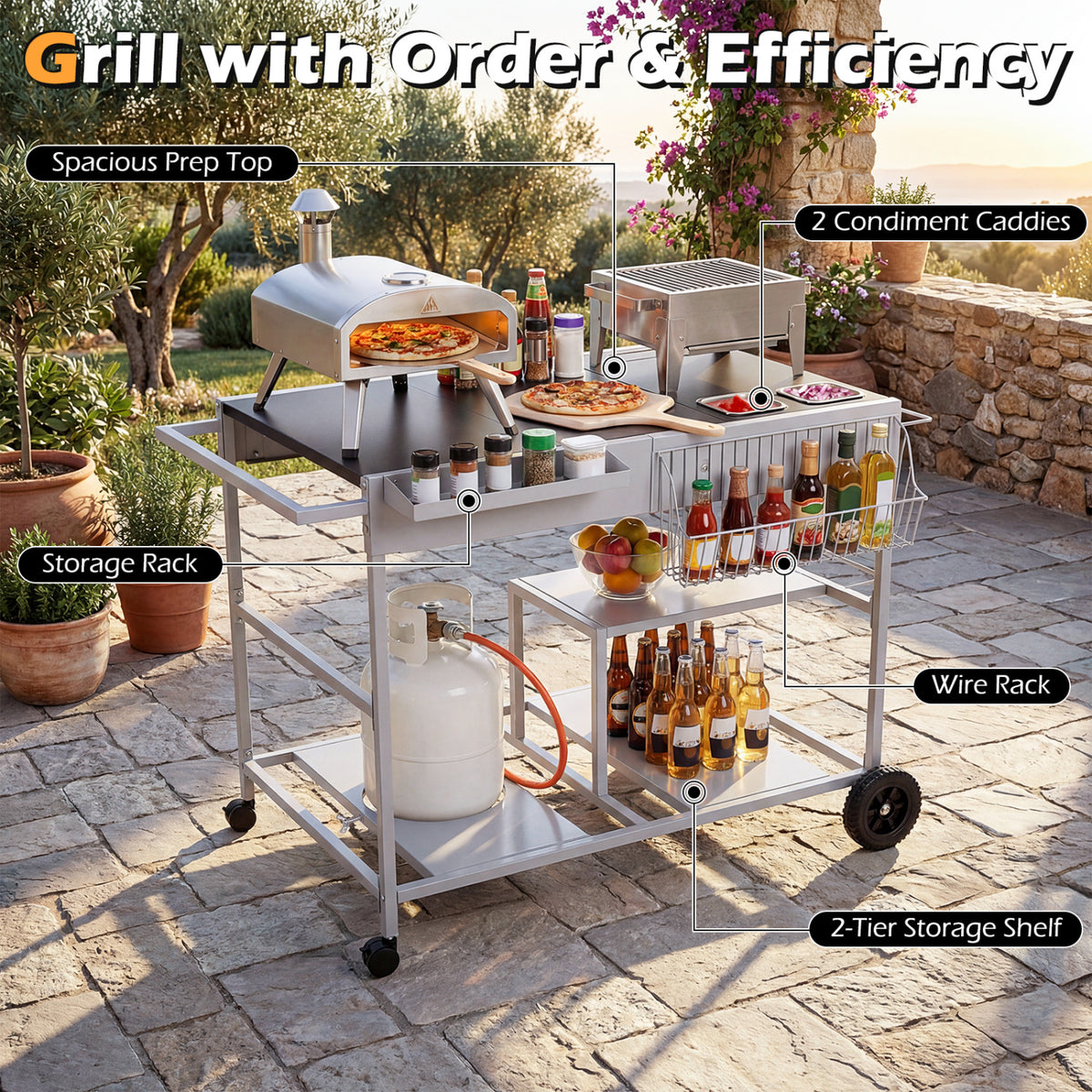 Movable Grill Table with 2 Condiment Caddies & 2-Tier Shelf - Black