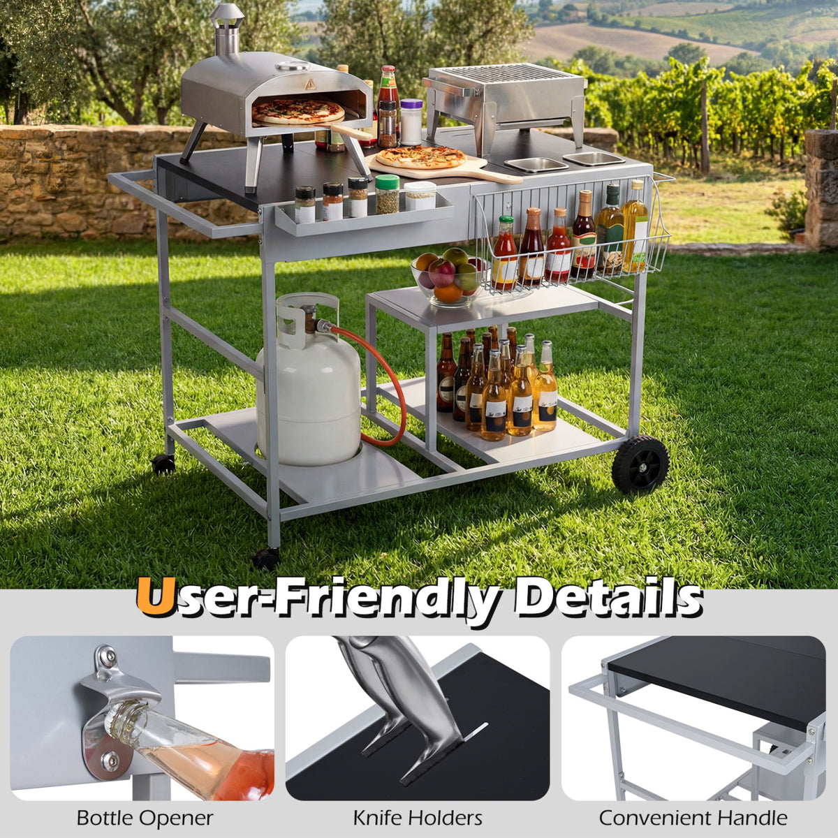 Movable Grill Table with 2 Condiment Caddies & 2-Tier Shelf - Black