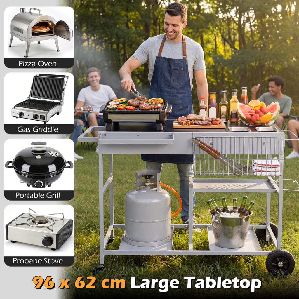 Movable Grill Table with 2 Condiment Caddies & 2-Tier Shelf - Black