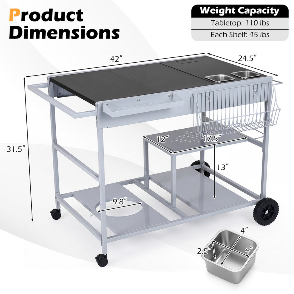 Movable Grill Table with 2 Condiment Caddies & 2-Tier Shelf - Black
