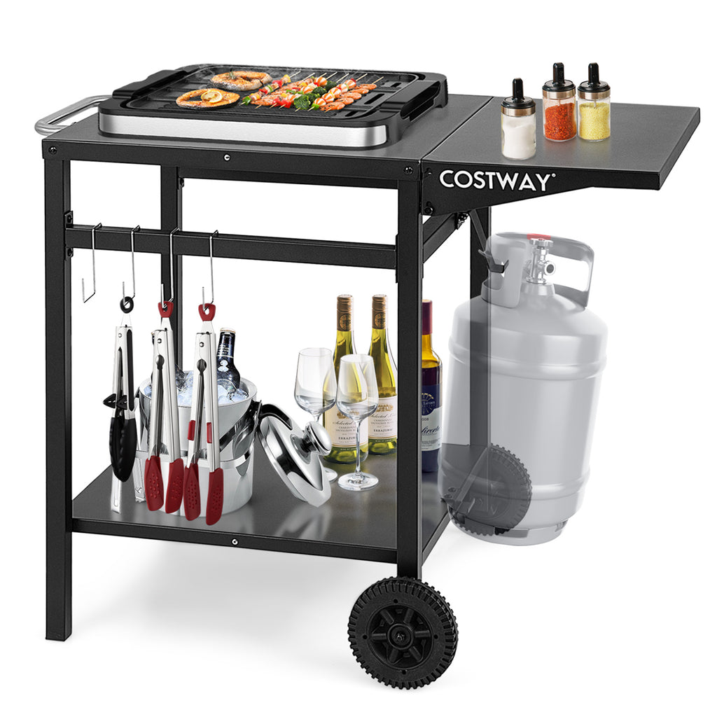 Movable Outdoor Grill Cart with Folding Tabletop and Hooks