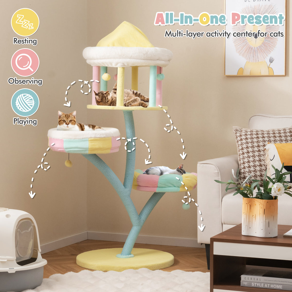 Multi-Layer Cat Tree with 2 Removable Perches and Scratching Posts - Color Variation