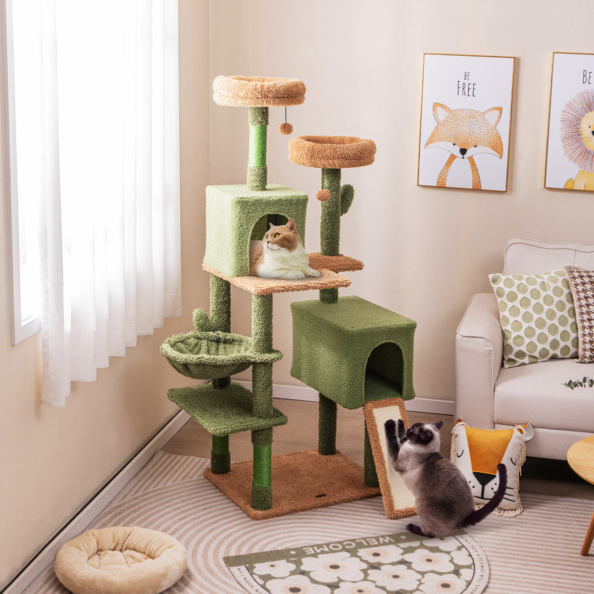 Multi-Level Cactus Cat Tree with Double Condos & Toys - Green